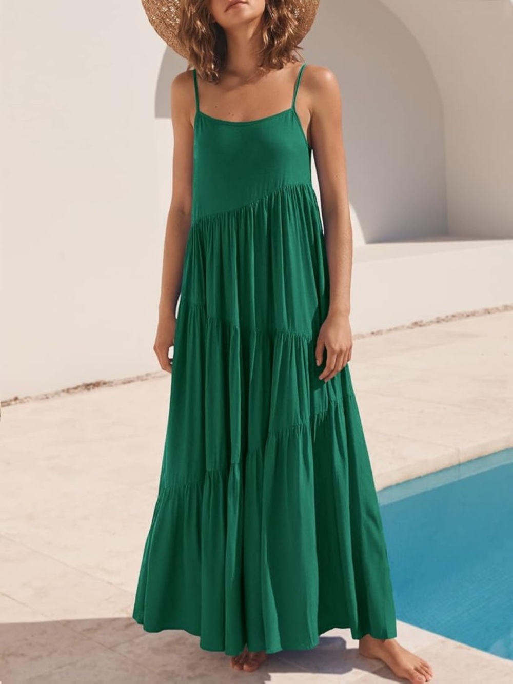 Green Tiered Boho Beach Maxi Dress